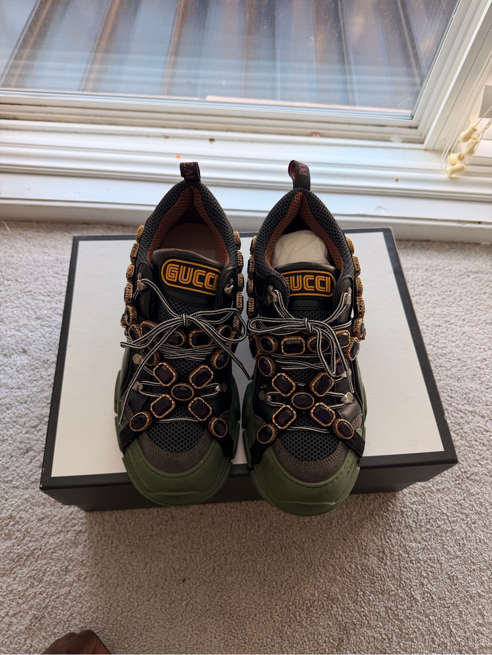 Gucci Men’s Green and Black Embellished Trail Sneakers